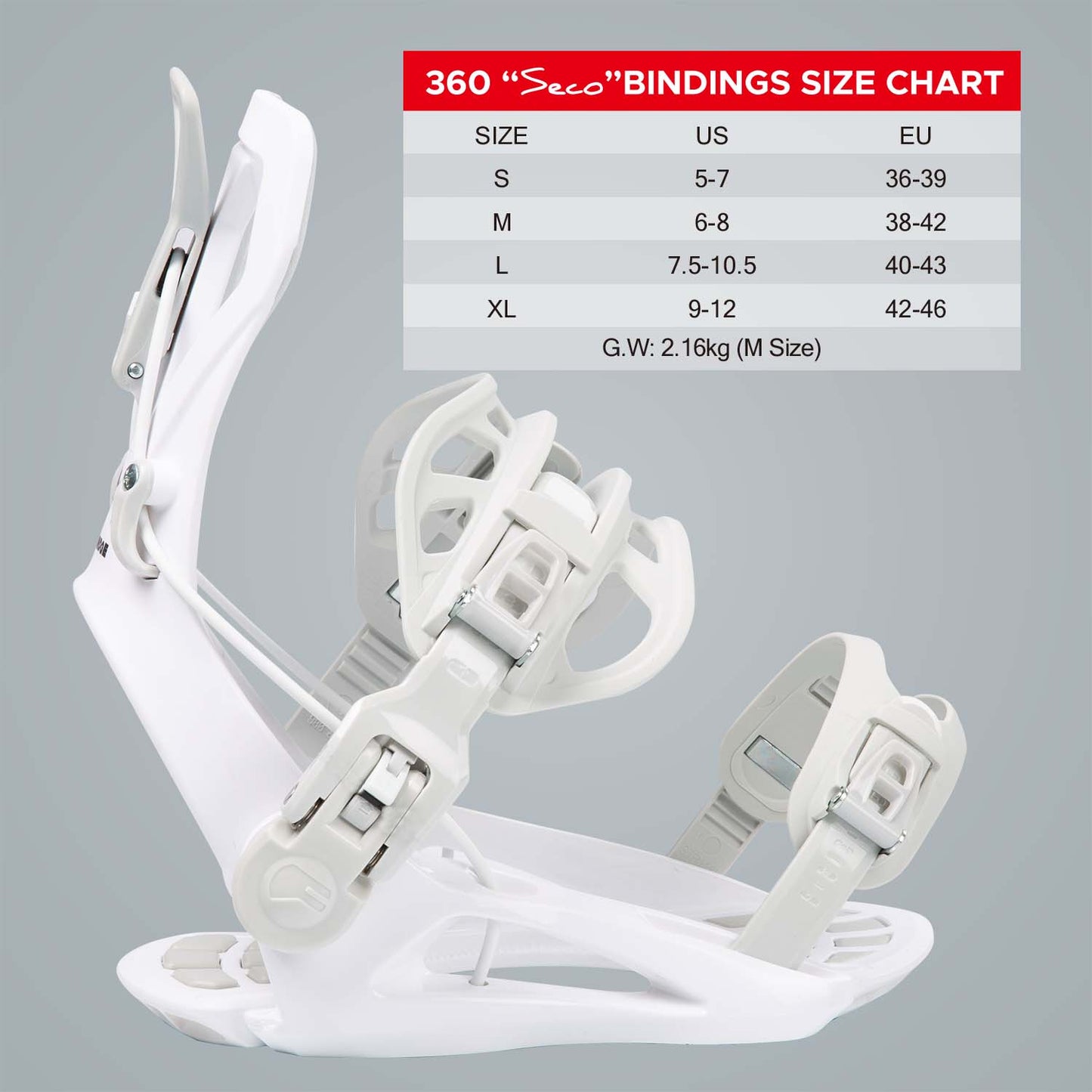 Official size chart for XCMAN 360 Seco Snowboard Bindings detailing US and EU boot size conversions