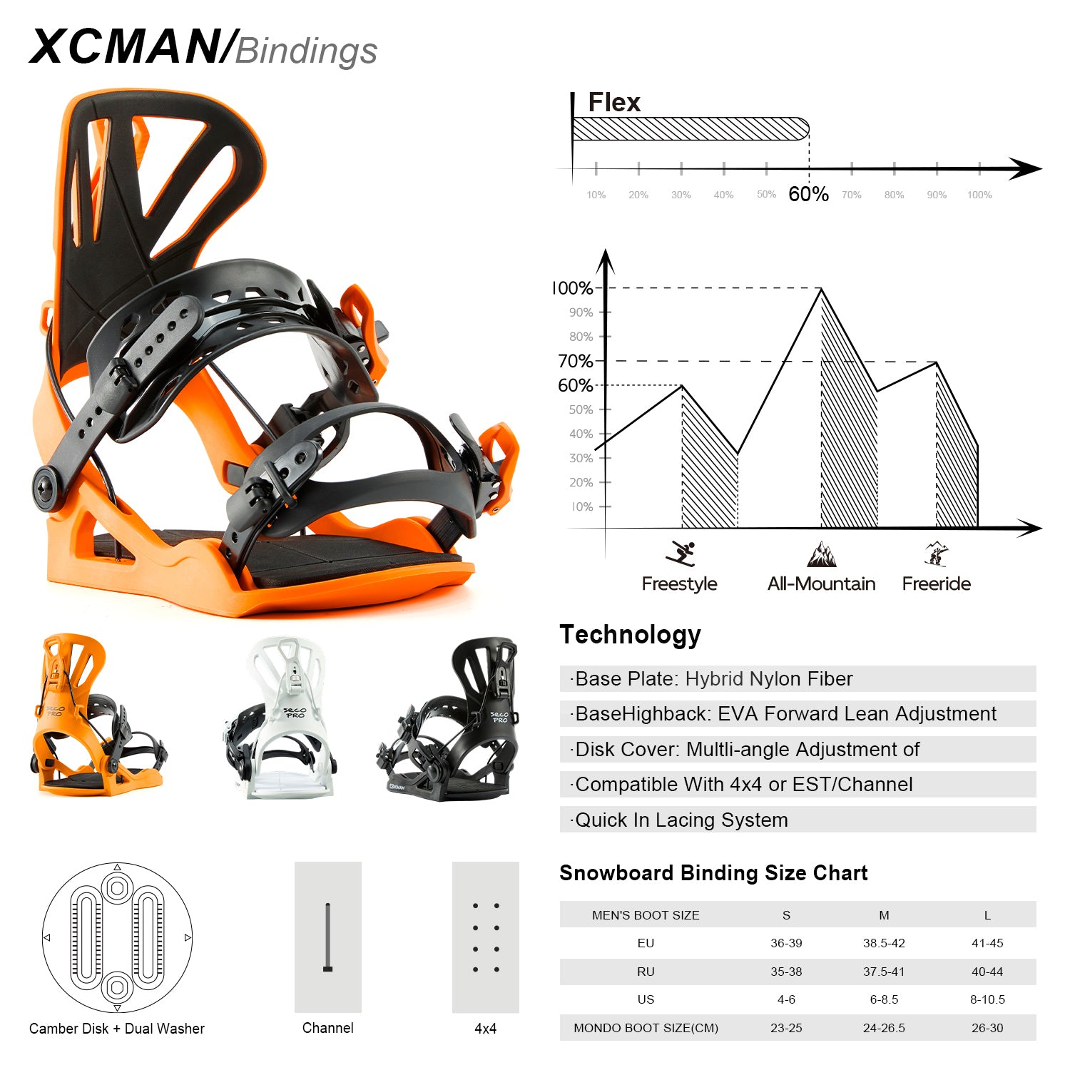 XCMAN 360 Seco Pro Snowboard Bindings technical specifications, flex rating chart, and size guide breakdown in black and orange