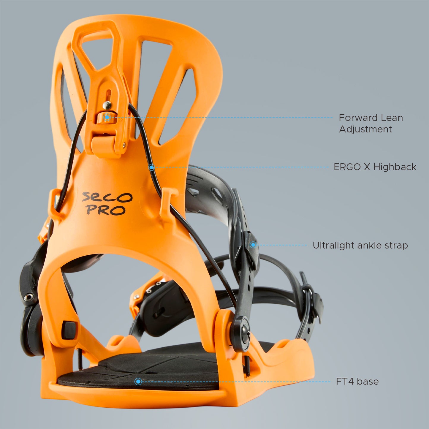 Close-up view highlighting the ERGO X highback, ultralight ankle strap, and FT4 base on XCMAN 360 Seco Pro black and orange bindings