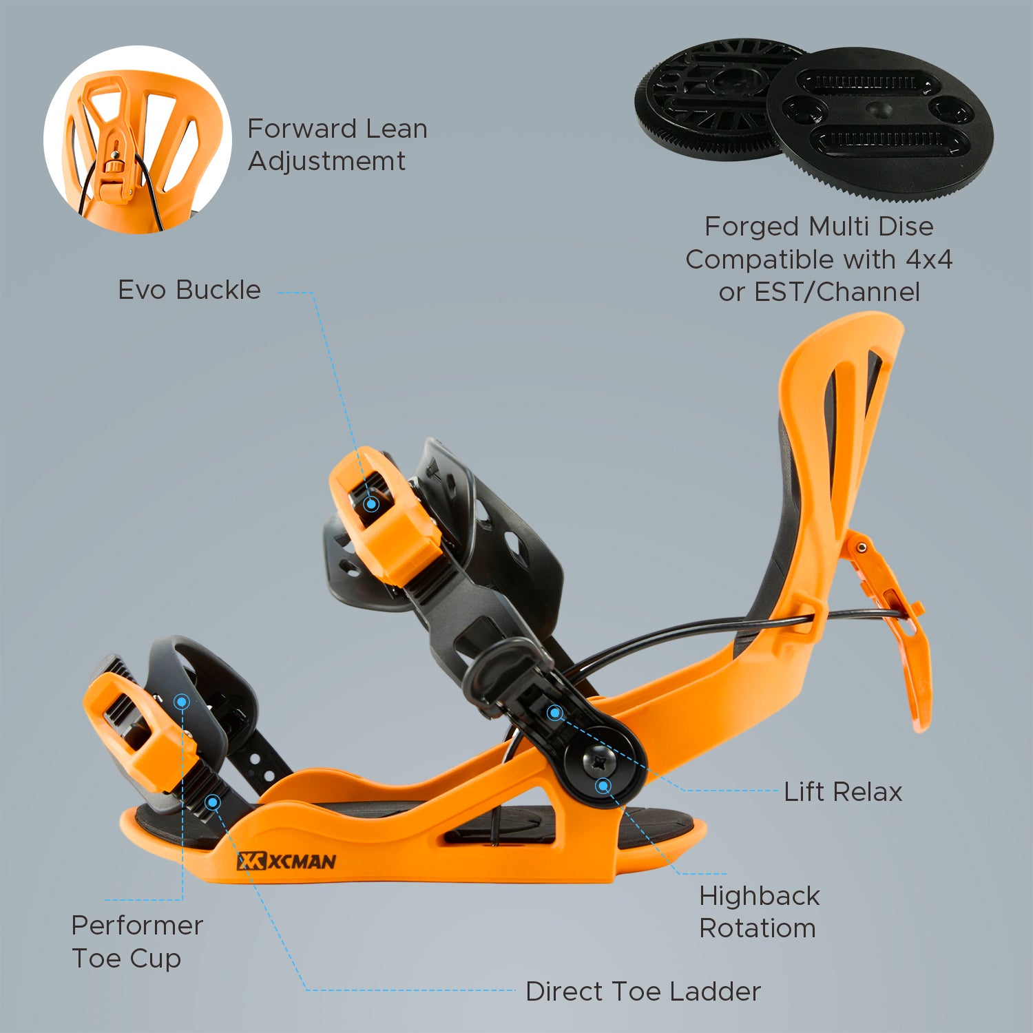 Detailed overview of XCMAN 360 Seco Pro black and orange binding features including forward lean adjustment and disc compatibility
