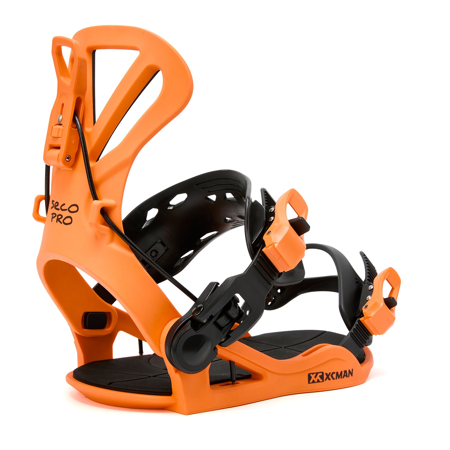 XCMAN 360 Seco Pro All-Mountain Snowboard Bindings in striking black and orange shown from a clean side profile perspective