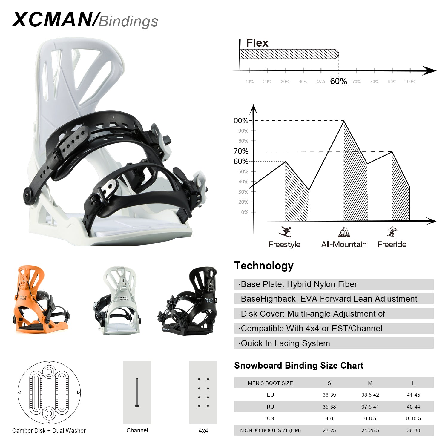 XCMAN 360 Seco Pro Snowboard Bindings technical specifications, flex rating chart, and size guide breakdown in black and white