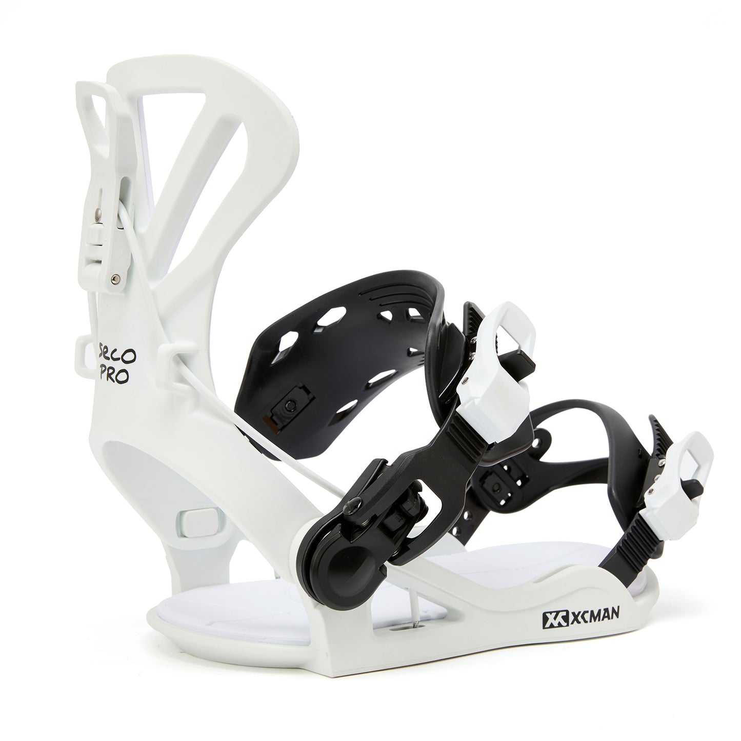 XCMAN 360 Seco Pro All-Mountain Snowboard Bindings in black and white shown from a clean side profile perspective