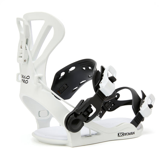 XCMAN 360 Seco Pro All-Mountain Snowboard Bindings in black and white shown from a clean side profile perspective