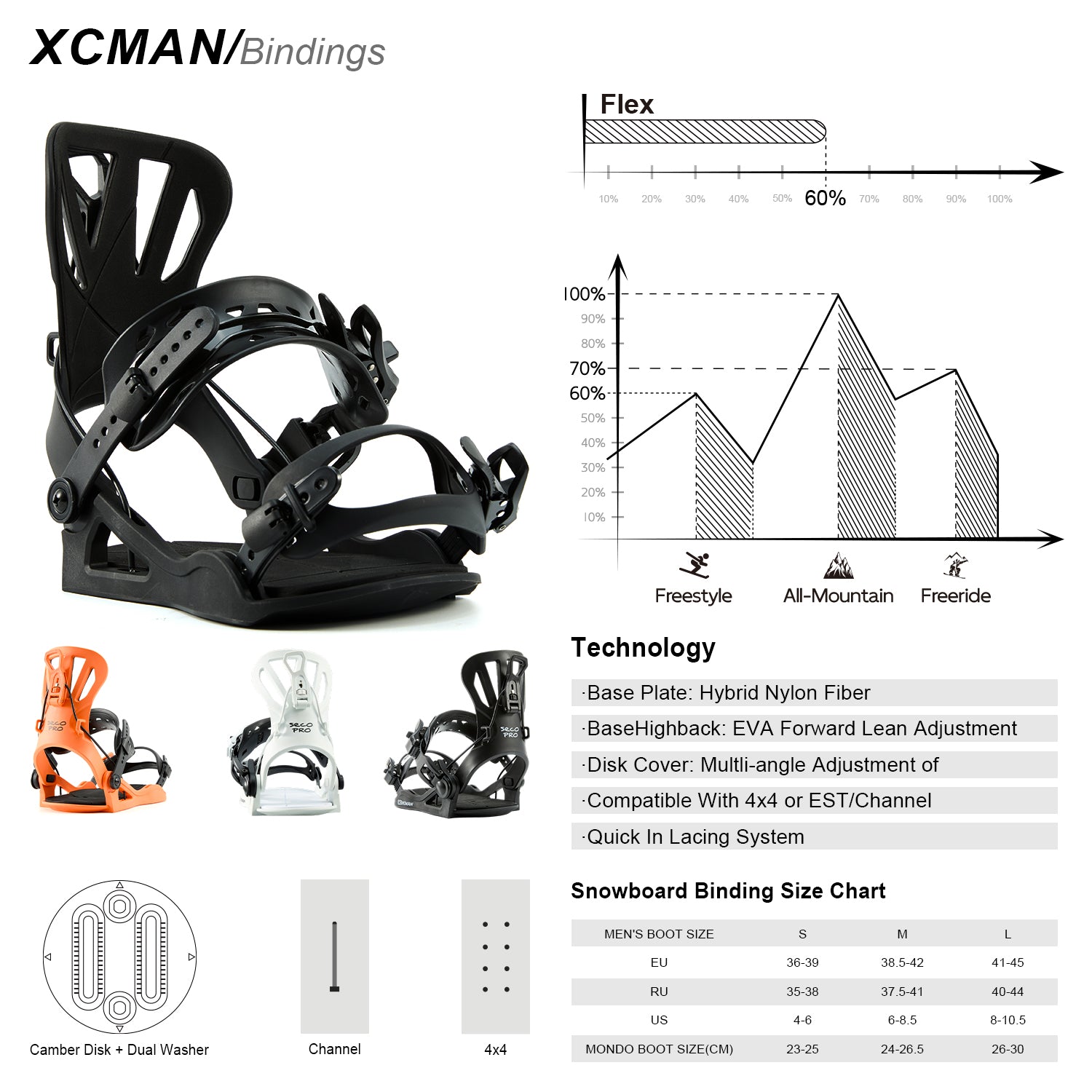 XCMAN 360 Seco Pro Snowboard Bindings technical specifications, flex rating chart, and size guide breakdown in black