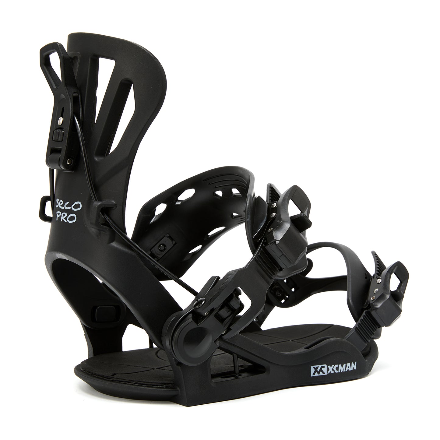 XCMAN 360 Seco Pro All-Mountain Snowboard Bindings in black shown from a clean side profile perspective