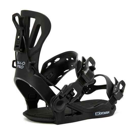 XCMAN 360 Seco Pro All-Mountain Snowboard Bindings in black shown from a clean side profile perspective