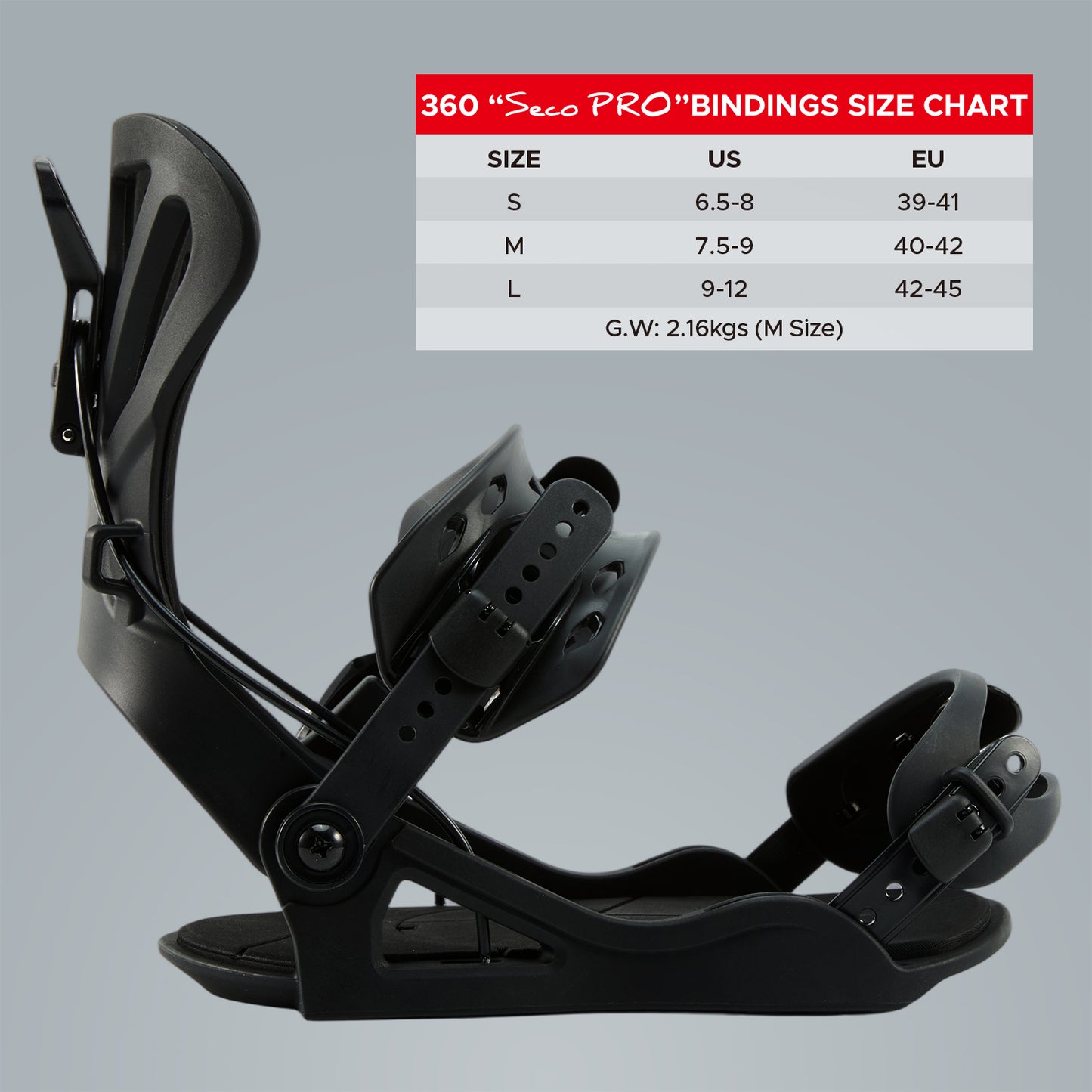 Side view of the black XCMAN 360 Seco Pro bindings with a matching size chart table