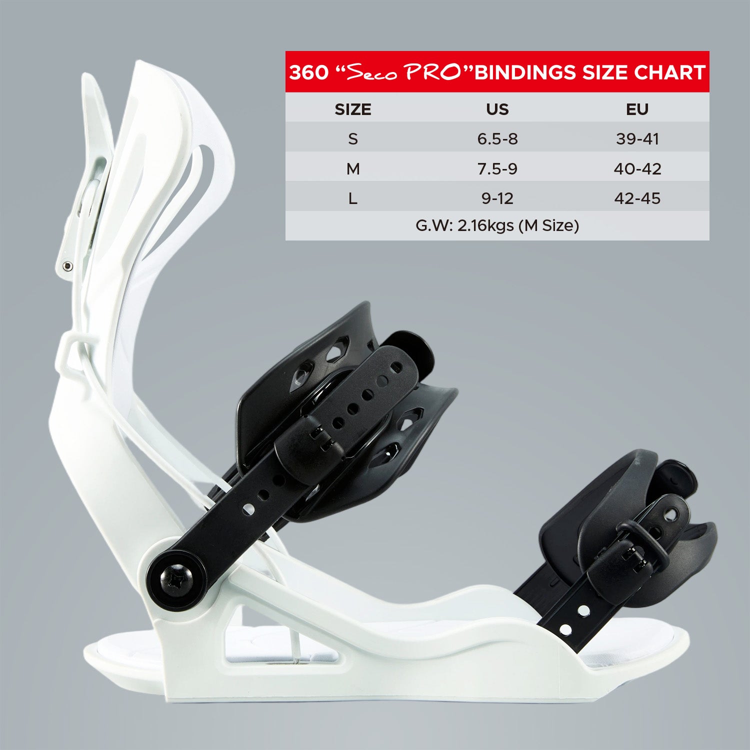 Side view of the white XCMAN 360 Seco Pro bindings with a matching size chart table