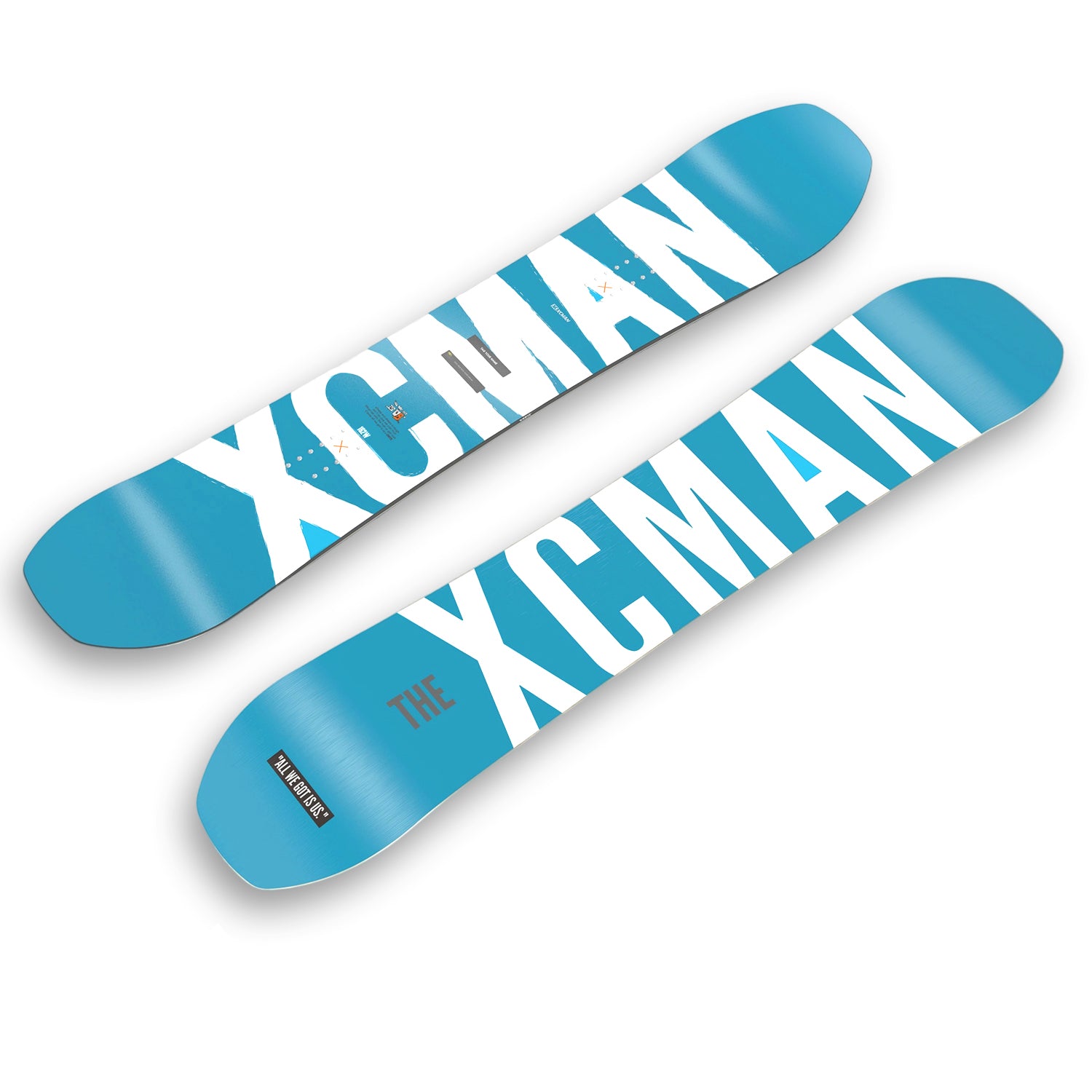 Angled view of the XCMAN Azure Drifts snowboard