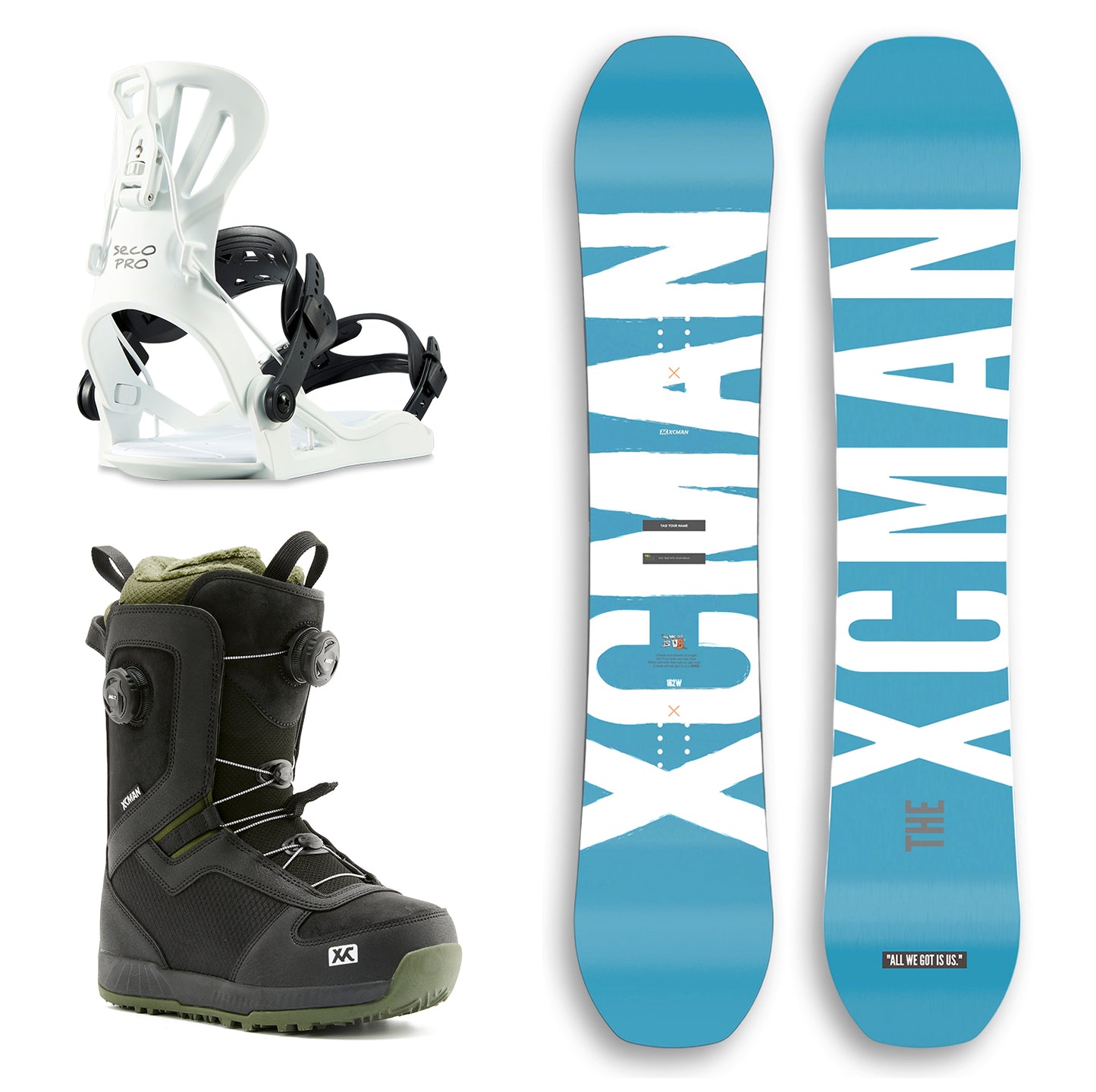 XCMAN Azure Drifts Snowboard Package including the snowboard, white 360 Seco Pro bindings, and Nox-I boots