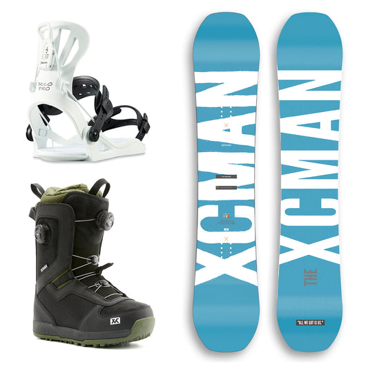 XCMAN Azure Drifts Snowboard Package including the snowboard, white 360 Seco Pro bindings, and Nox-I boots