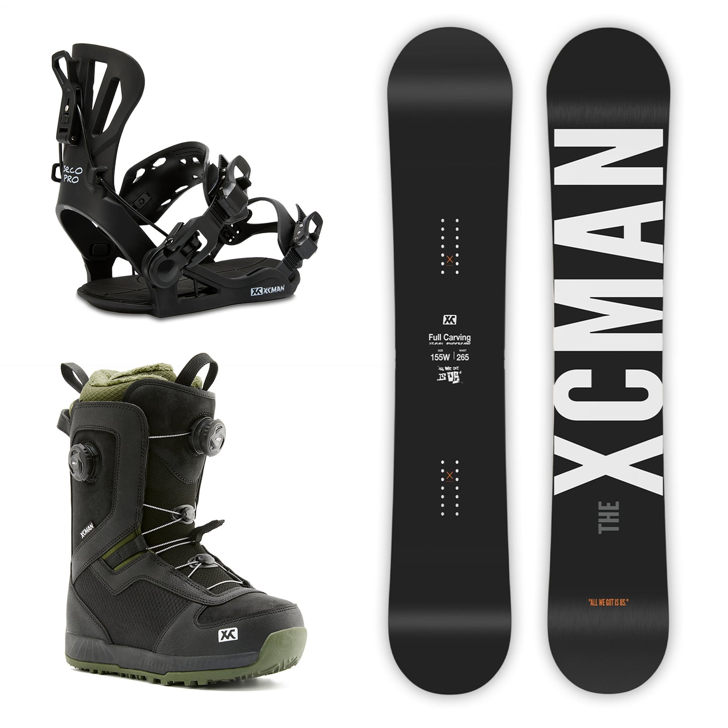 XCMAN Black Saber Snowboard Package including the snowboard, black 360 Seco Pro bindings, and Nox-I boots