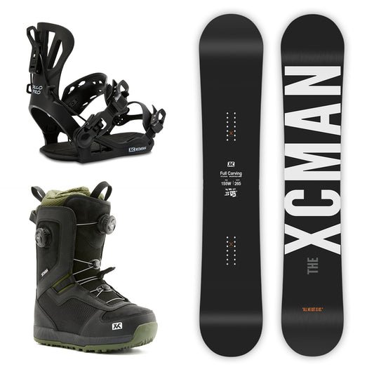 XCMAN Black Saber Snowboard Package including the snowboard, black 360 Seco Pro bindings, and Nox-I boots