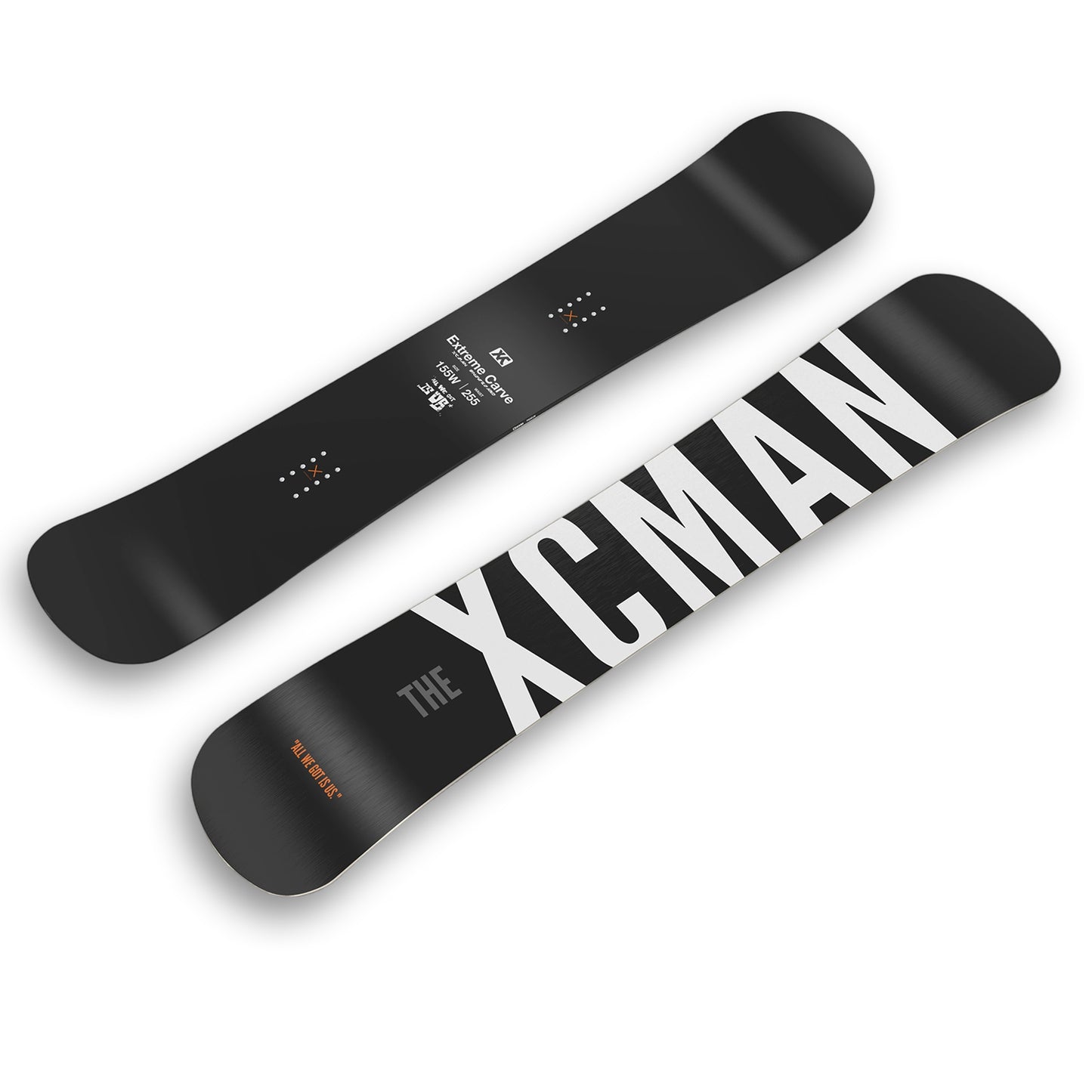 Angled view of the XCMAN Black WFB snowboard