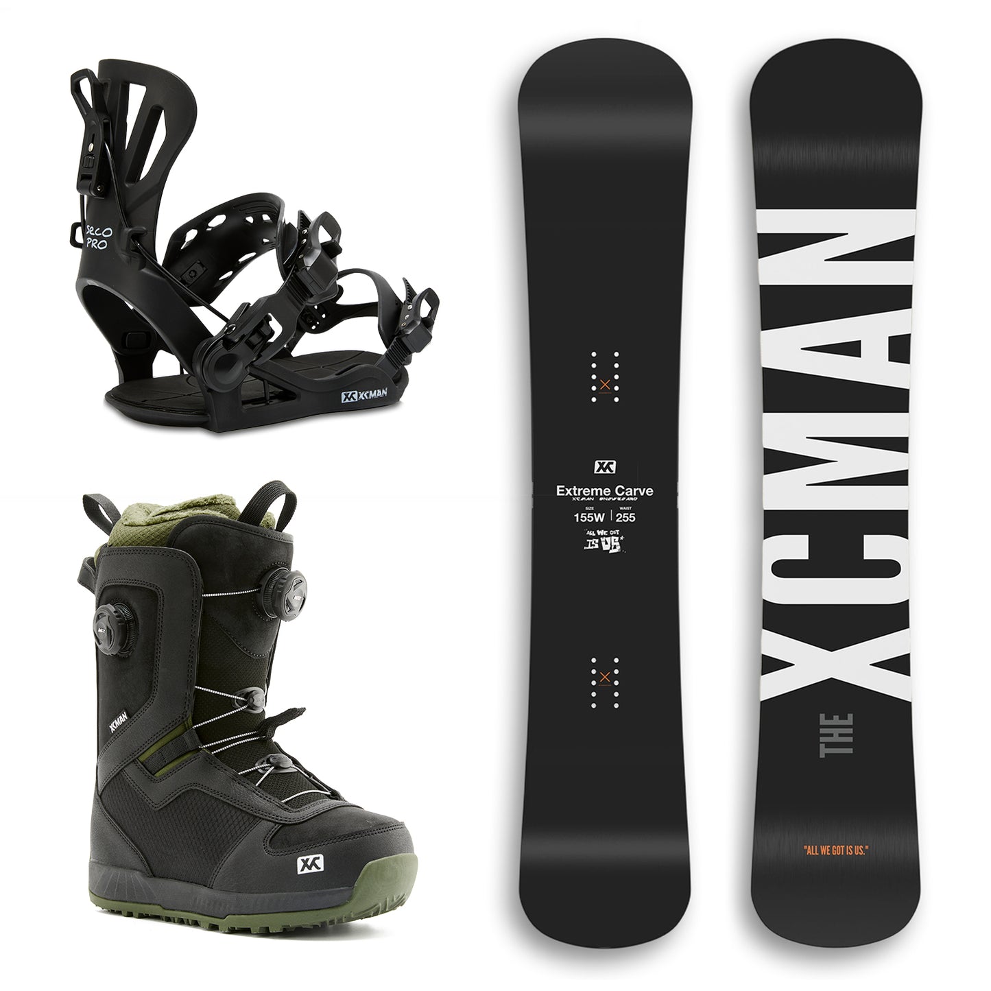 XCMAN Black WFB Snowboard Package including the snowboard, black 360 Seco Pro bindings, and Nox-I boots