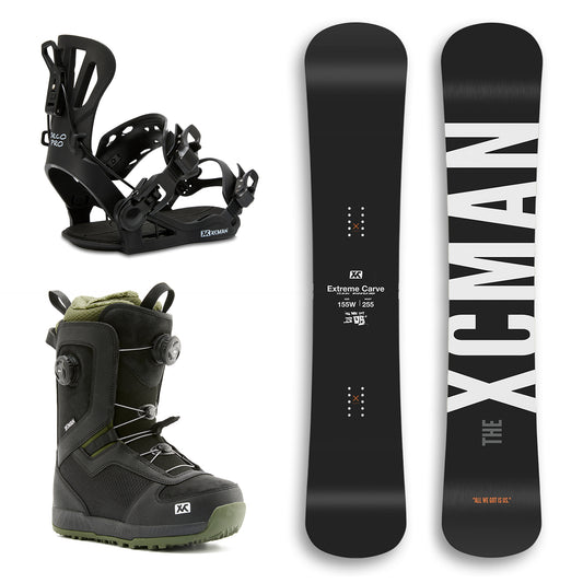XCMAN Black WFB Snowboard Package including the snowboard, black 360 Seco Pro bindings, and Nox-I boots