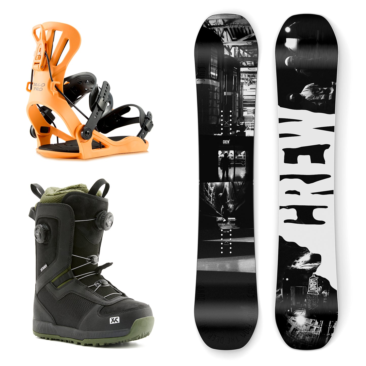 XCMAN Burner Snowboard Package including the snowboard, orange 360 Seco Pro bindings, and Nox-I boots