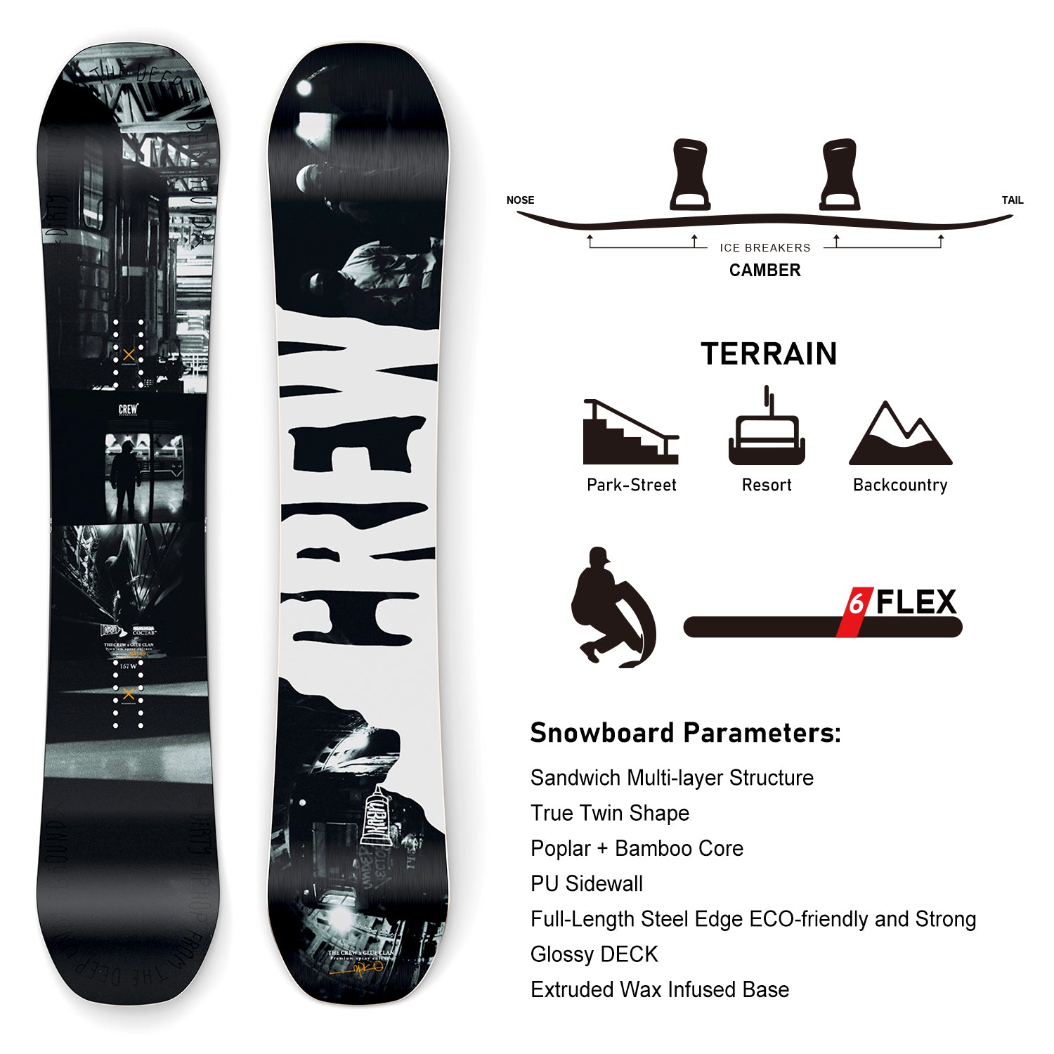 Specification infographic for the XCMAN Burner snowboard
