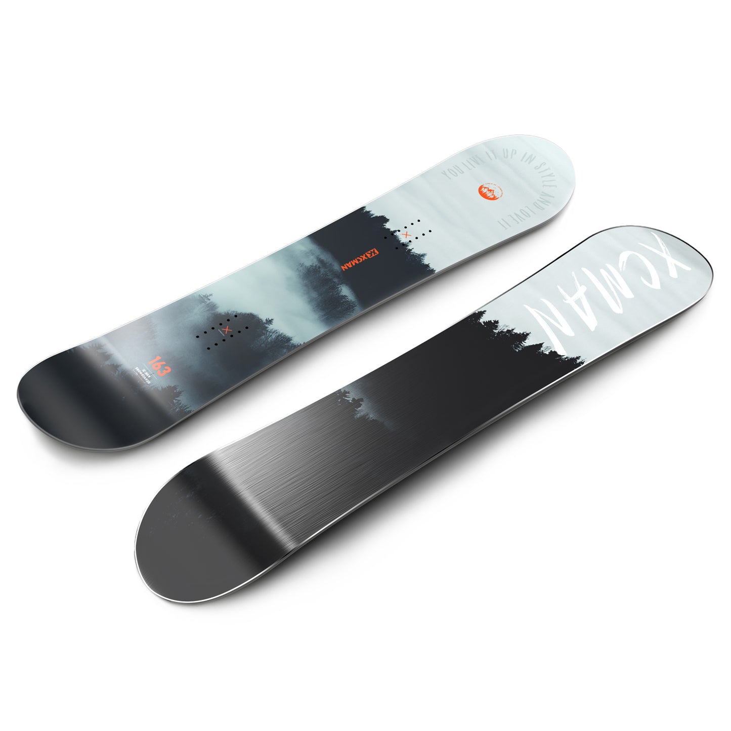 Angled view of the XCMAN Cloudy Forest snowboard