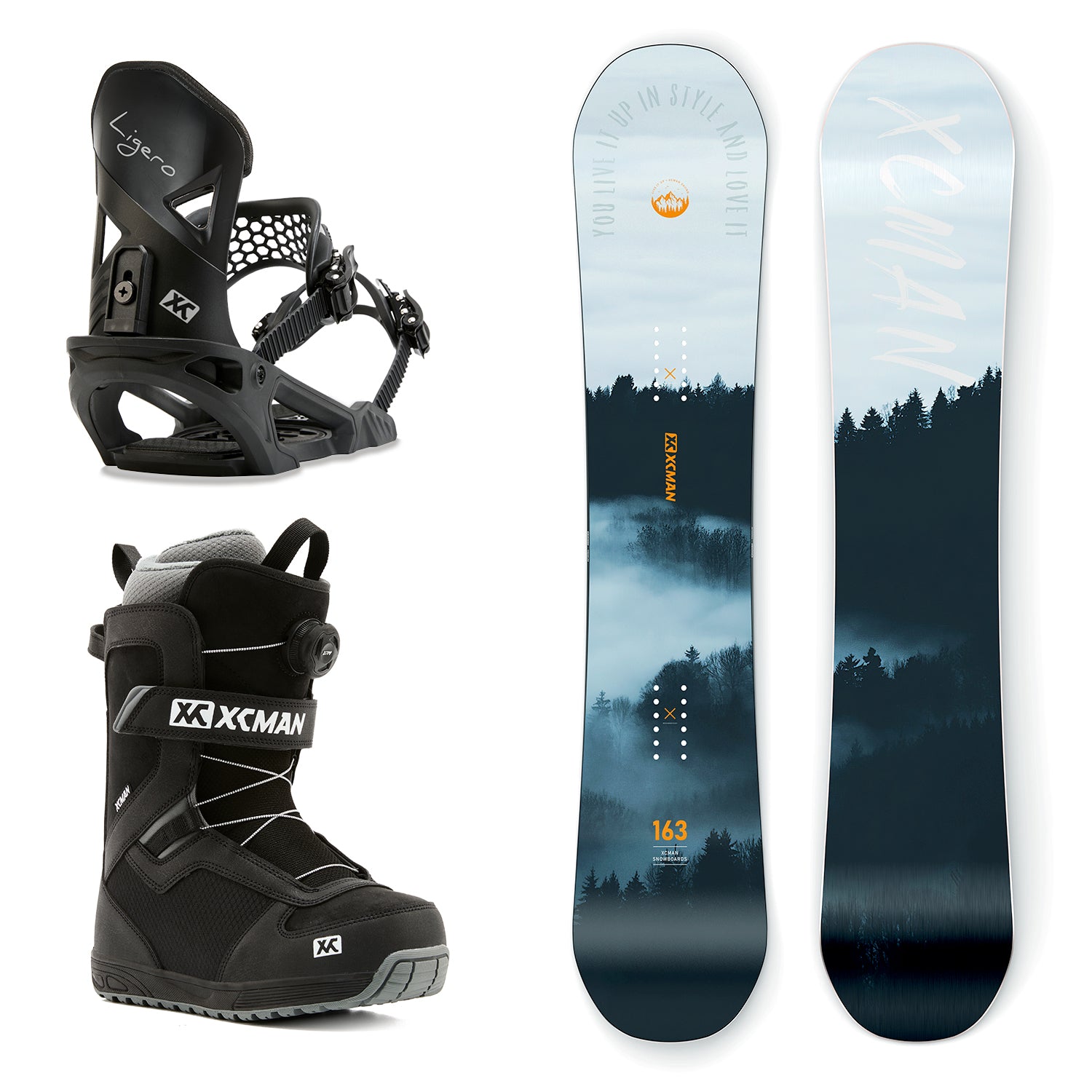 XCMAN Cloudy Forest Snowboard Package including the snowboard, Ligero bindings, and Nox-II boots