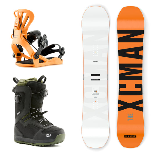 XCMAN Concrete Haze Snowboard Package including the snowboard, orange 360 Seco Pro bindings, and Nox-I boots
