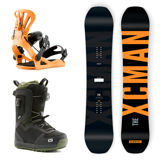 XCMAN Ember Nocturne Snowboard Package including the snowboard, orange 360 Seco Pro bindings, and Nox-I boots