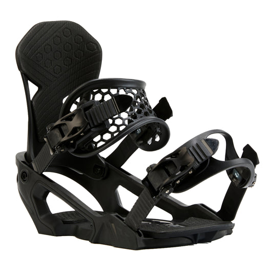 XCMAN Ligero All-Mountain Snowboard Bindings shown in black from a side angle, featuring lightweight straps, supportive highback, and durable baseplate construction