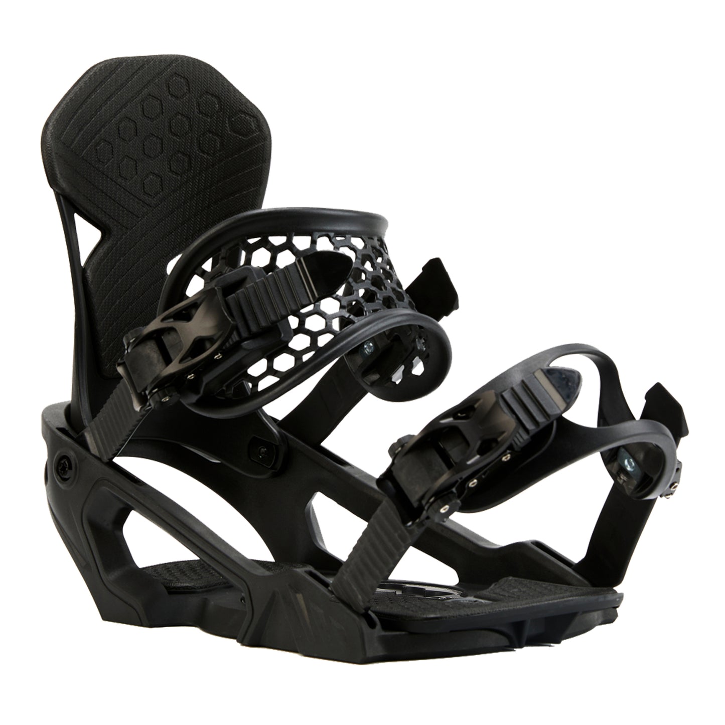 XCMAN Ligero All-Mountain Snowboard Bindings shown in black, featuring a lightweight nylon fiber base, comfortable ankle straps, and a responsive highback