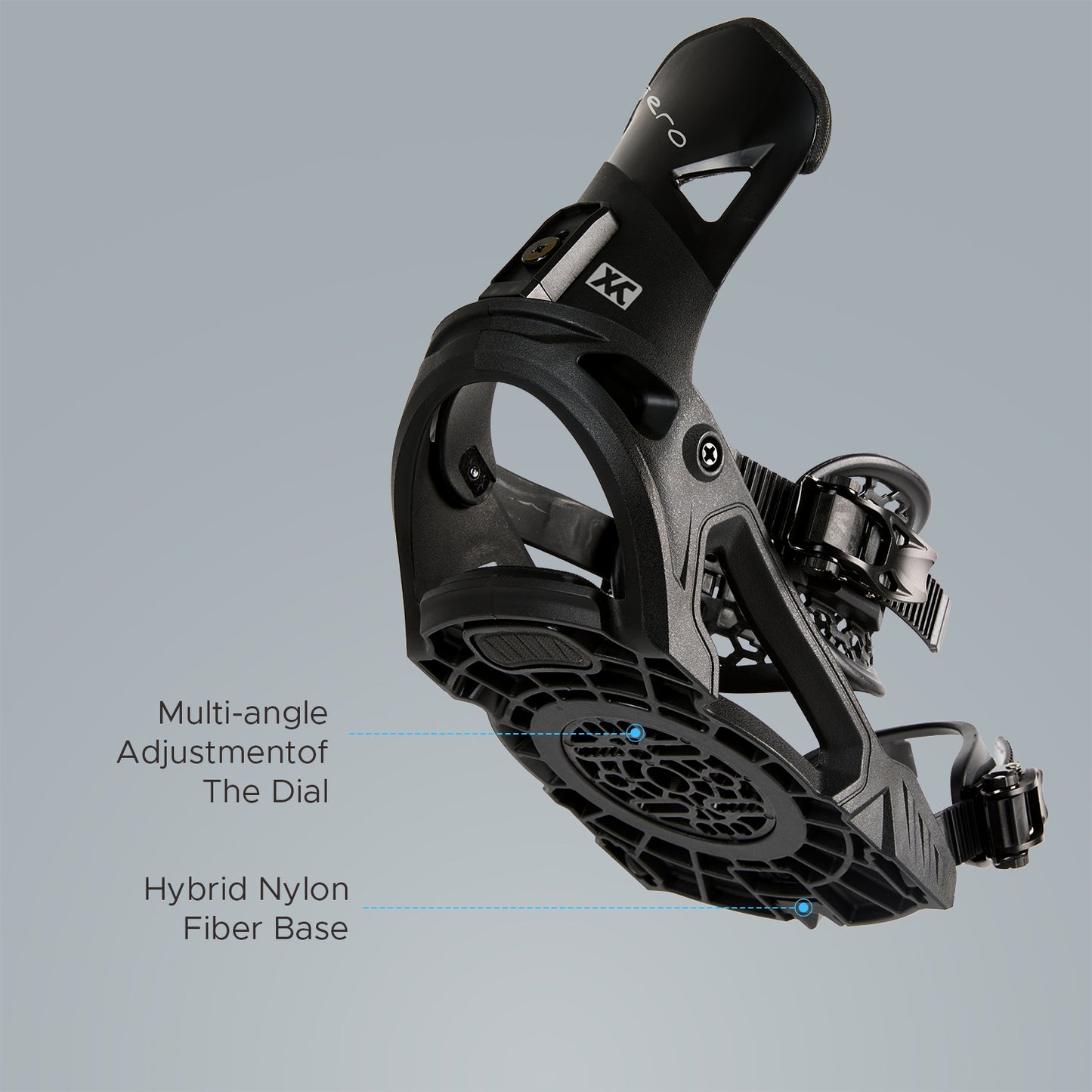 Bottom-up angled view of the XCMAN Ligero snowboard bindings emphasizing the multi-angle dial adjustment and hybrid nylon fiber baseplate