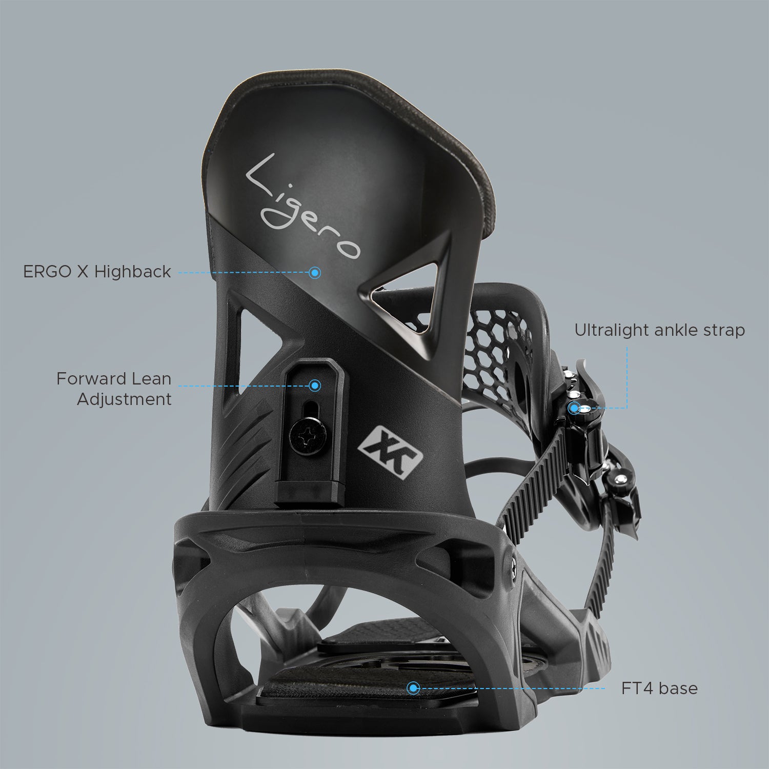 Rear-angle view of the XCMAN Ligero snowboard bindings showcasing the Ergo-X highback, forward lean adjustment mechanism, ultralight ankle strap, and FT4 base