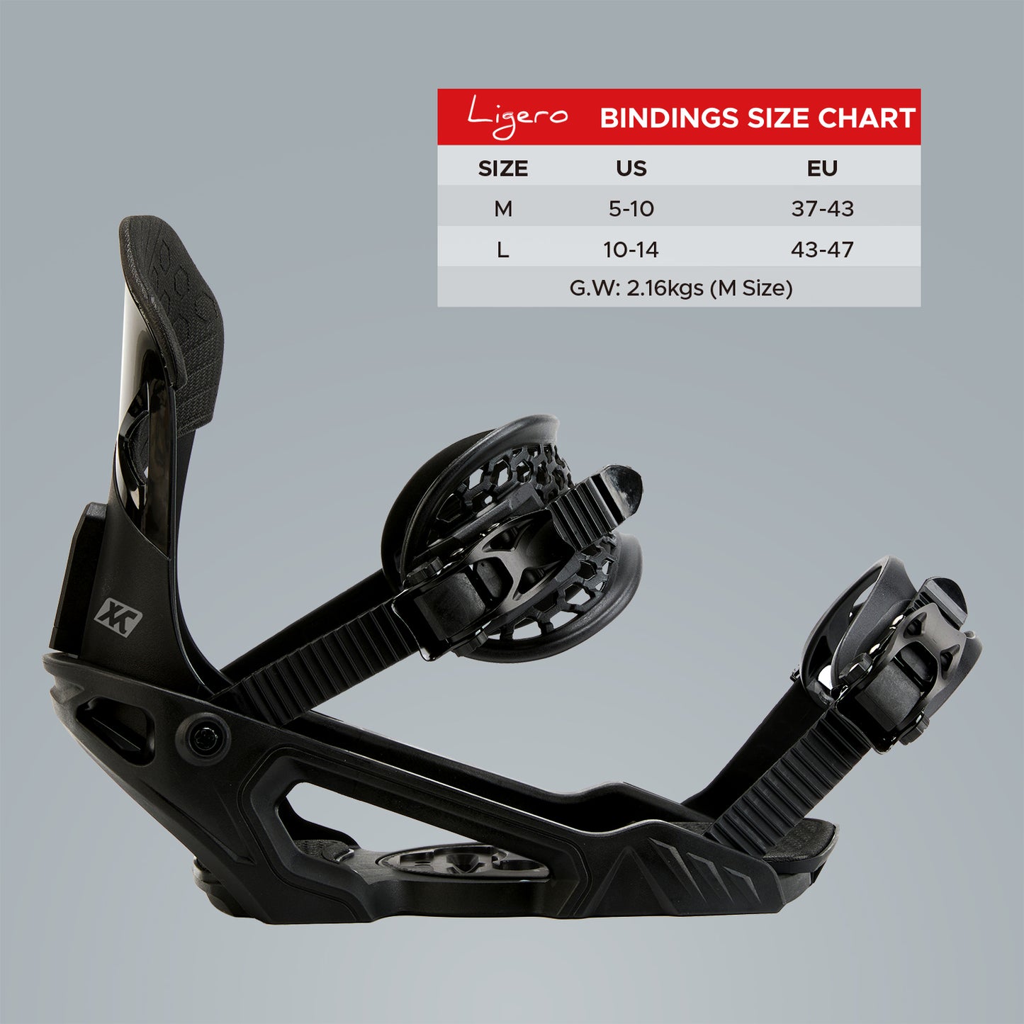 Side view of the XCMAN Ligero bindings with a matching size chart table