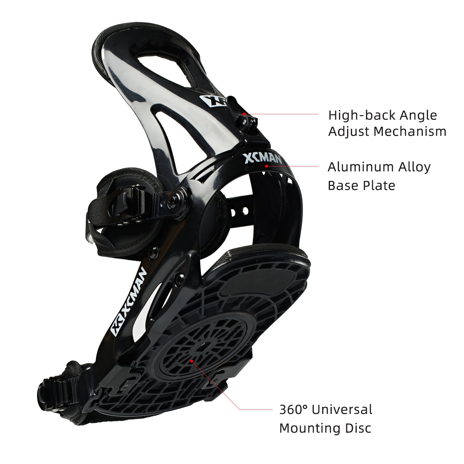 Bottom baseplate view of XCMAN M2 black snowboard bindings showing the aluminum alloy base plate and 360 universal mounting disc