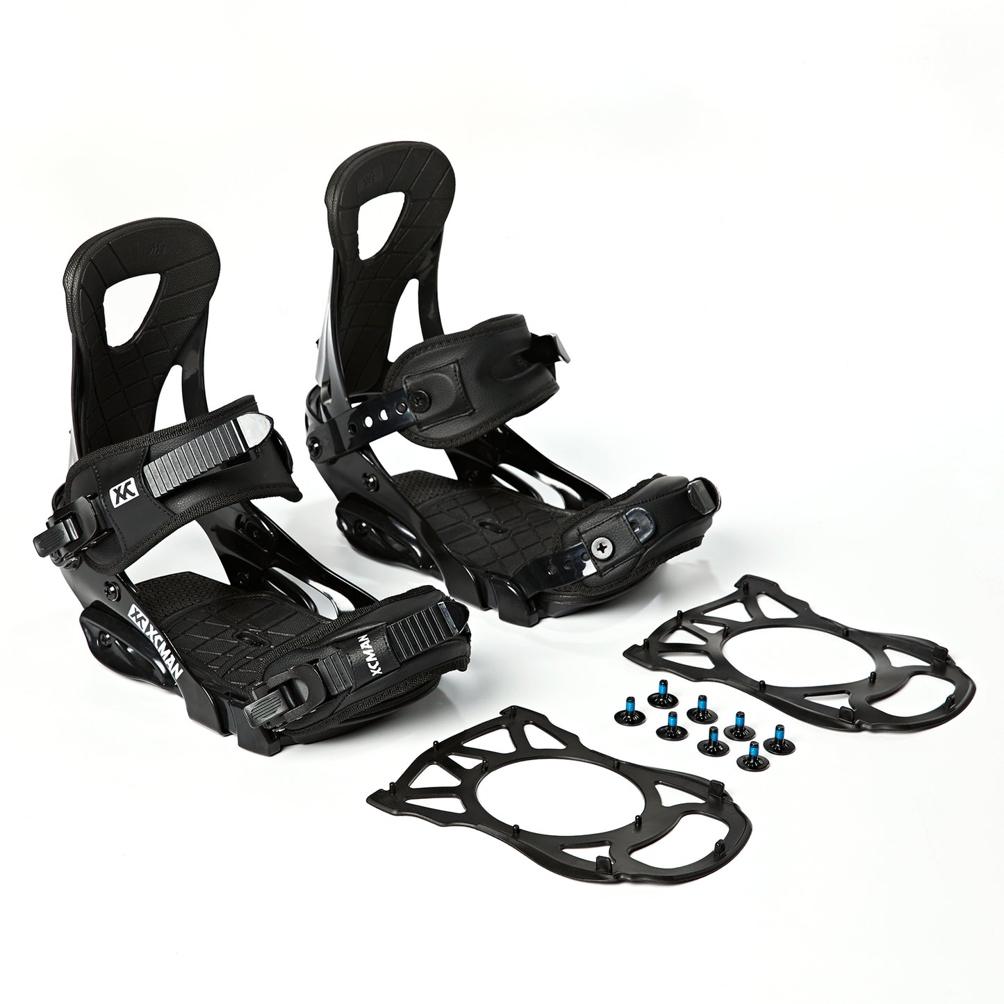Included damping mats, screws, and hardware set for XCMAN M2 black snowboard bindings