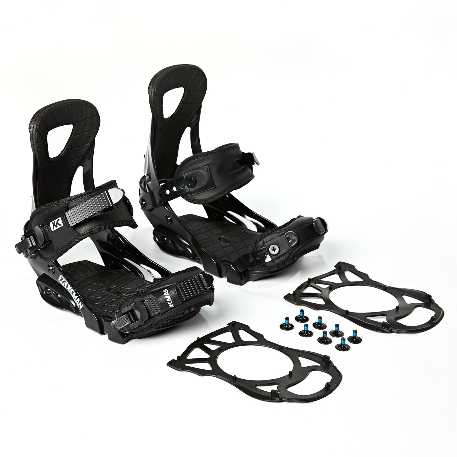 Included damping mats, screws, and hardware set for XCMAN M2 black snowboard bindings