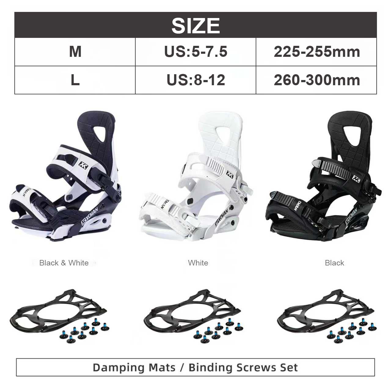 Official size chart and included mounting hardware set for XCMAN M2 Snowboard Bindings
