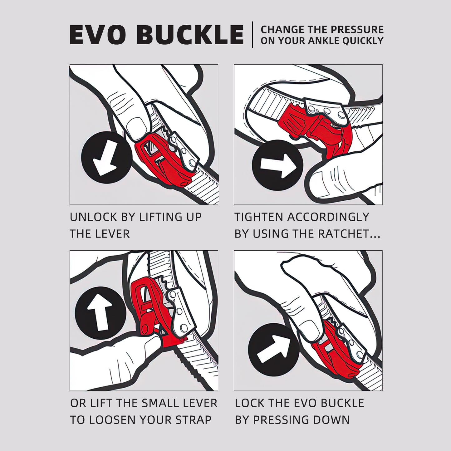Step-by-step instruction guide illustrating how to use and adjust the Evo Buckle on XCMAN M2 bindings