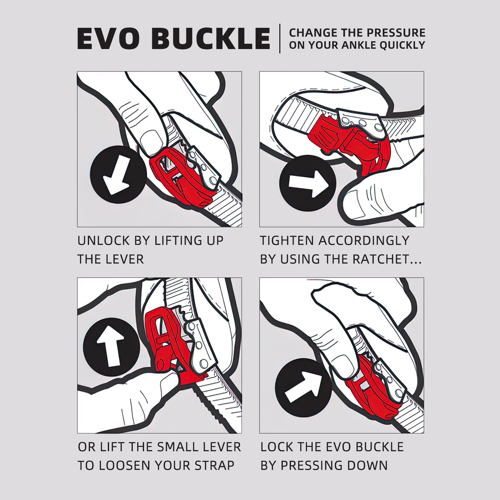 Step-by-step instruction guide illustrating how to use and adjust the Evo Buckle on XCMAN M2 bindings