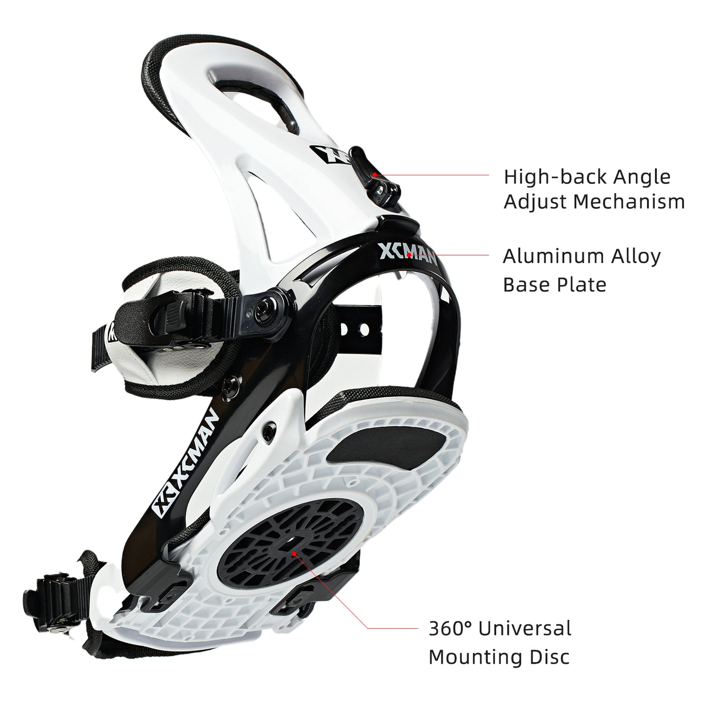 Bottom baseplate view of XCMAN M2 white and black snowboard bindings showing the aluminum alloy base plate and 360 universal mounting disc
