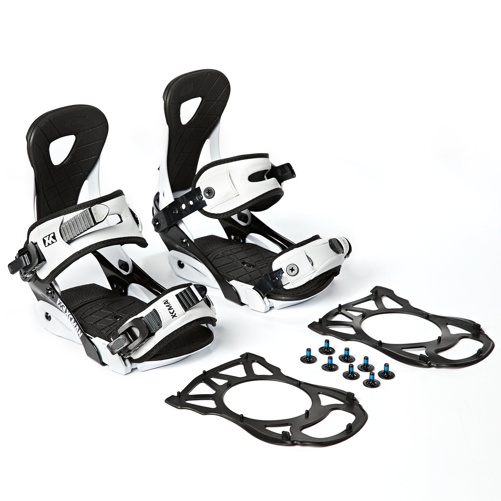 Included damping mats, screws, and hardware set for XCMAN M2 white and black snowboard bindings
