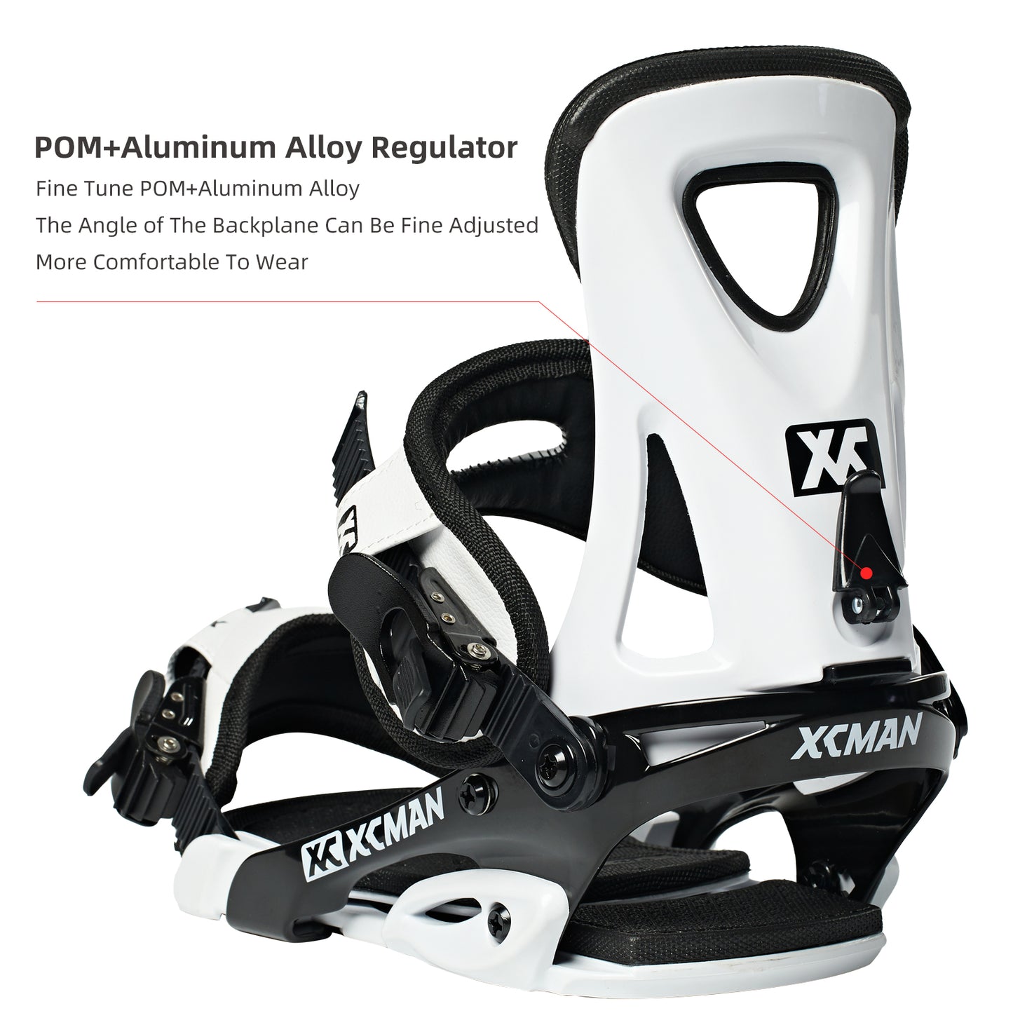 Close-up view of the POM and aluminum alloy regulator on XCMAN M2 white and black snowboard bindings for fine-tuning backplate angles