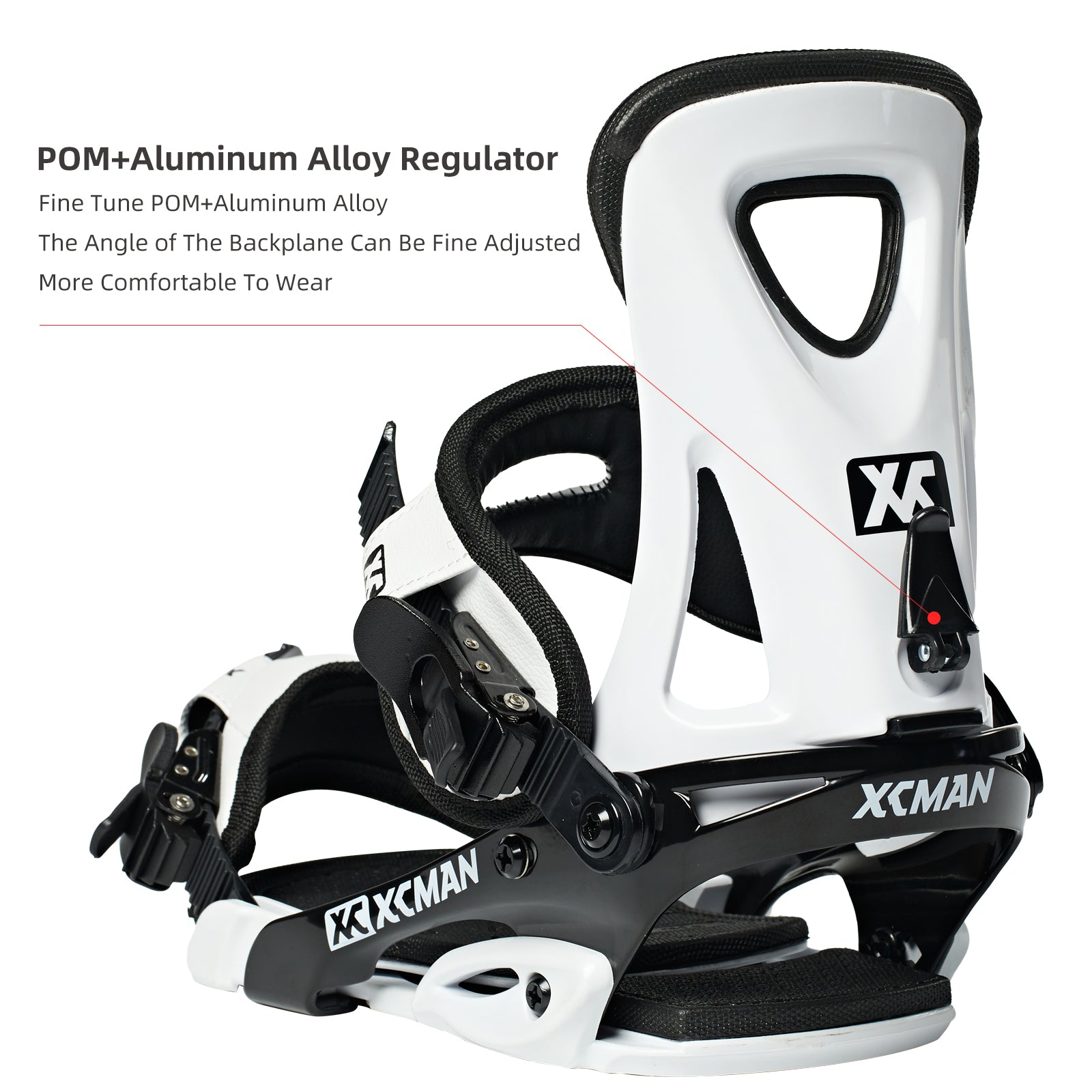 Close-up view of the POM and aluminum alloy regulator on XCMAN M2 white and black snowboard bindings for fine-tuning backplate angles
