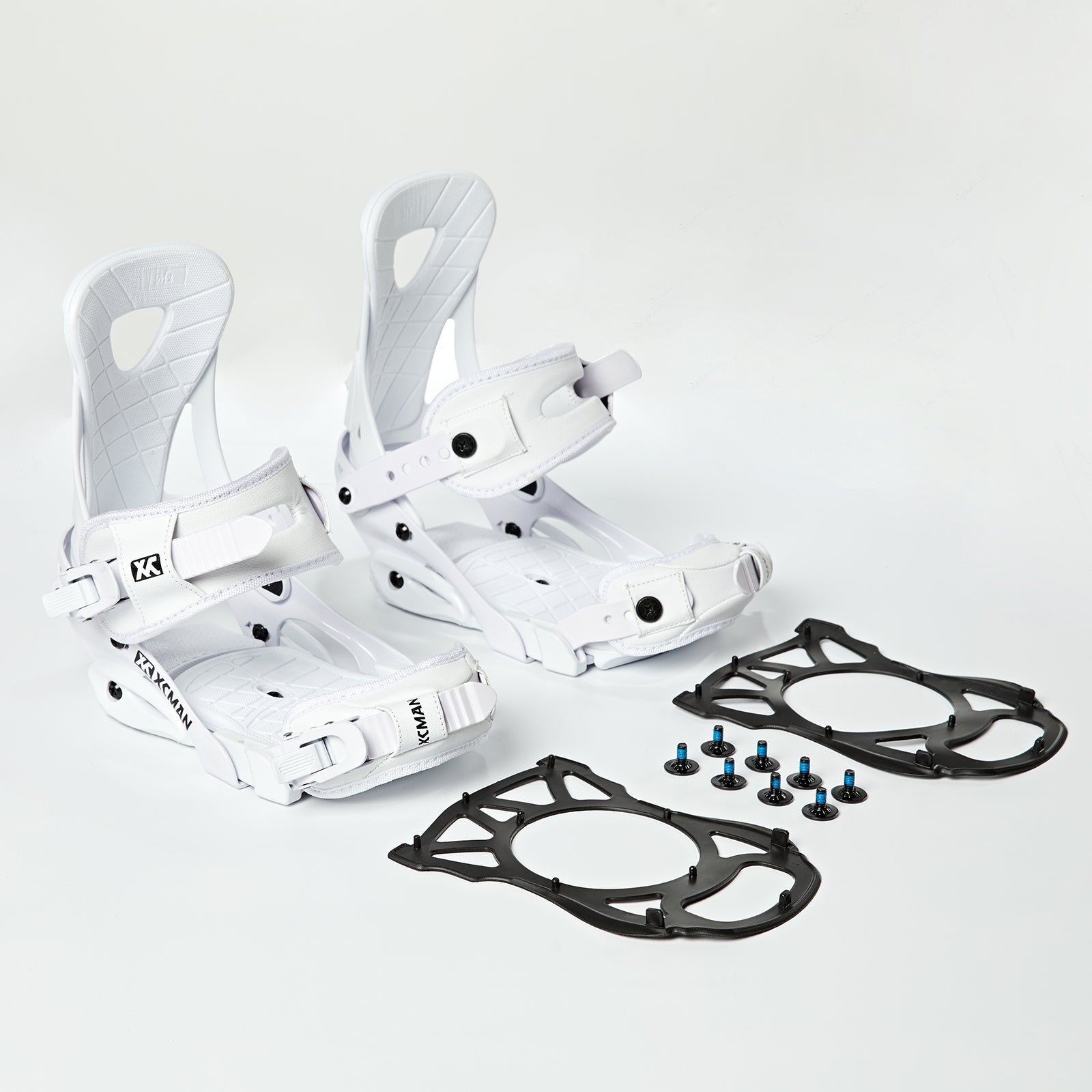 Included damping mats, screws, and hardware set for XCMAN M2 white snowboard bindings