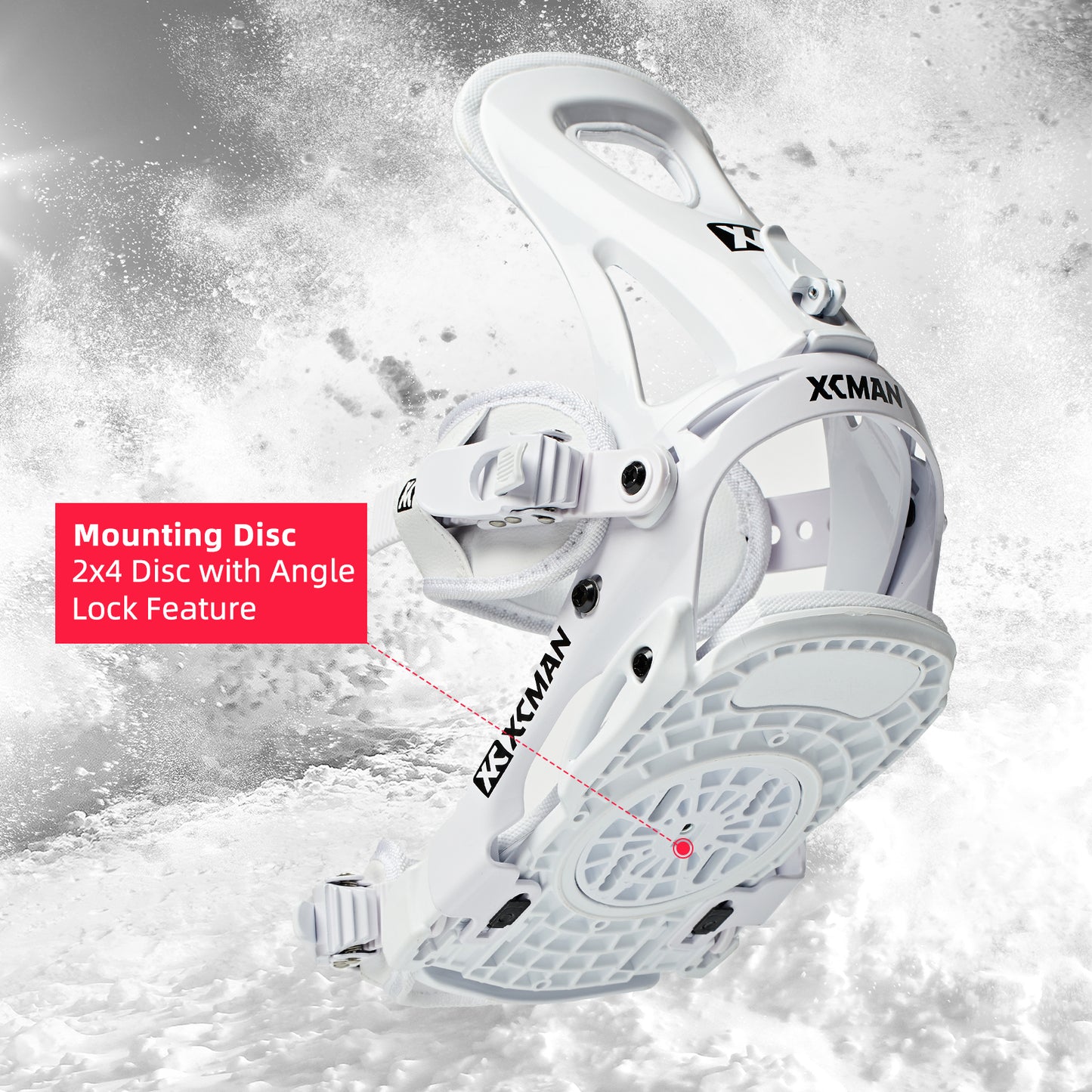 Bottom baseplate view of XCMAN M2 white snowboard bindings highlighting the 2x4 mounting disc with angle lock feature