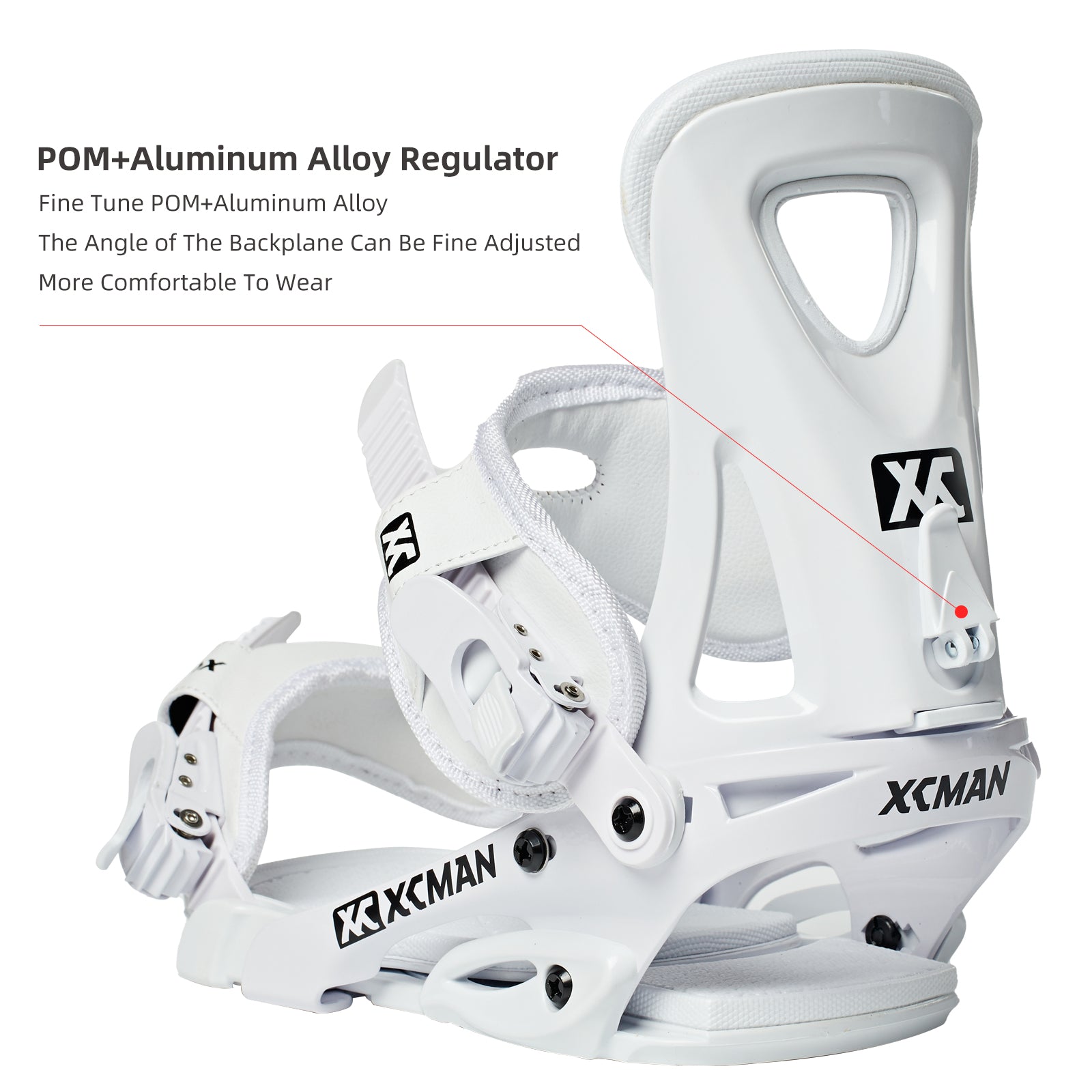 Close-up view of the POM and aluminum alloy regulator on XCMAN M2 white snowboard bindings for fine-tuning backplate angles
