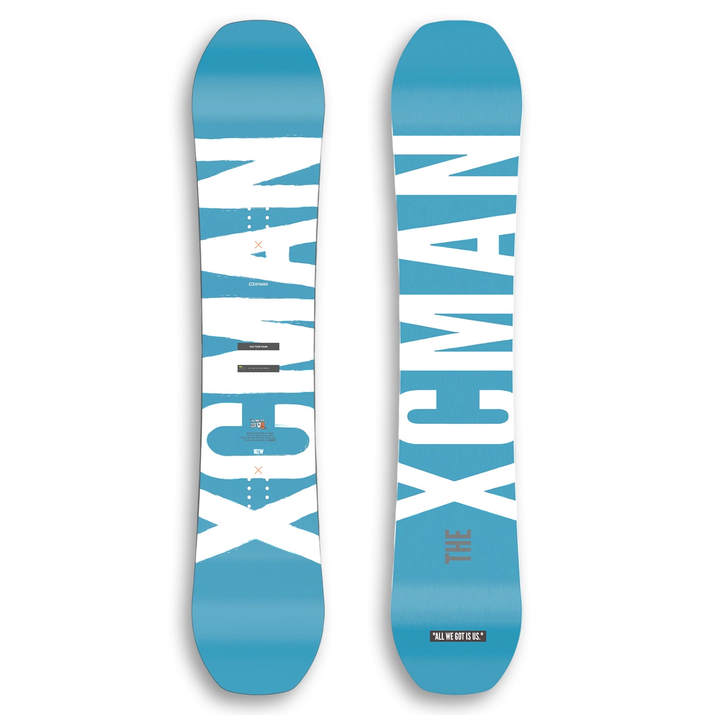 XCMAN Men's Azure Drifts All Mountain Snowboard top and bottom graphic view in blue and white