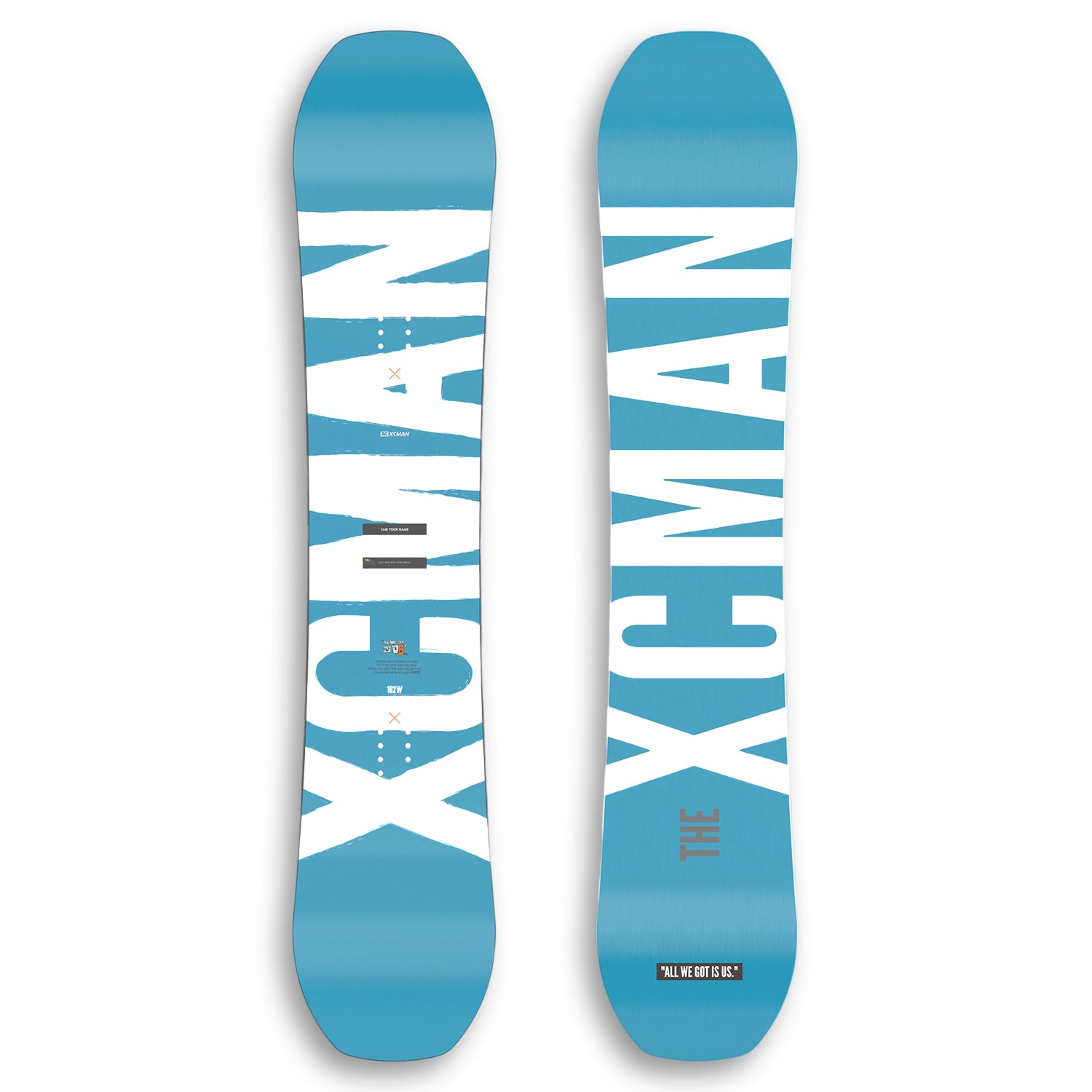 XCMAN Men's Azure Drifts All Mountain Snowboard top and bottom graphic view in blue and white
