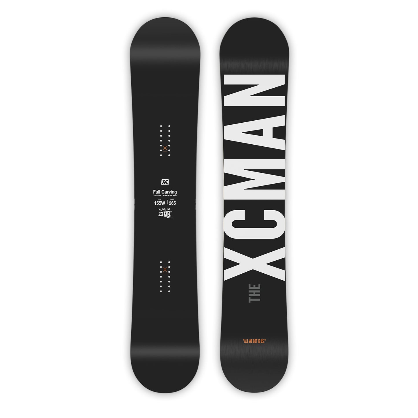 XCMAN Men's Black Saber Carving Snowboard shown from both top and bottom views, featuring a sleek matte black topsheet and base with bold white "THE XCMAN" branding