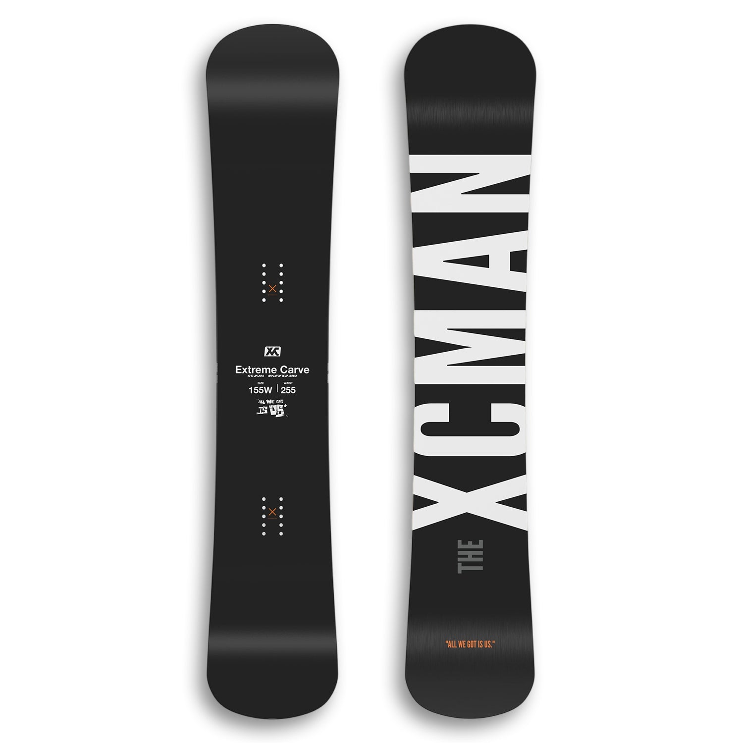 XCMAN Men's Black WFB Carving Snowboard shown from both top and bottom views, featuring a sleek matte black finish and bold white branding across the base