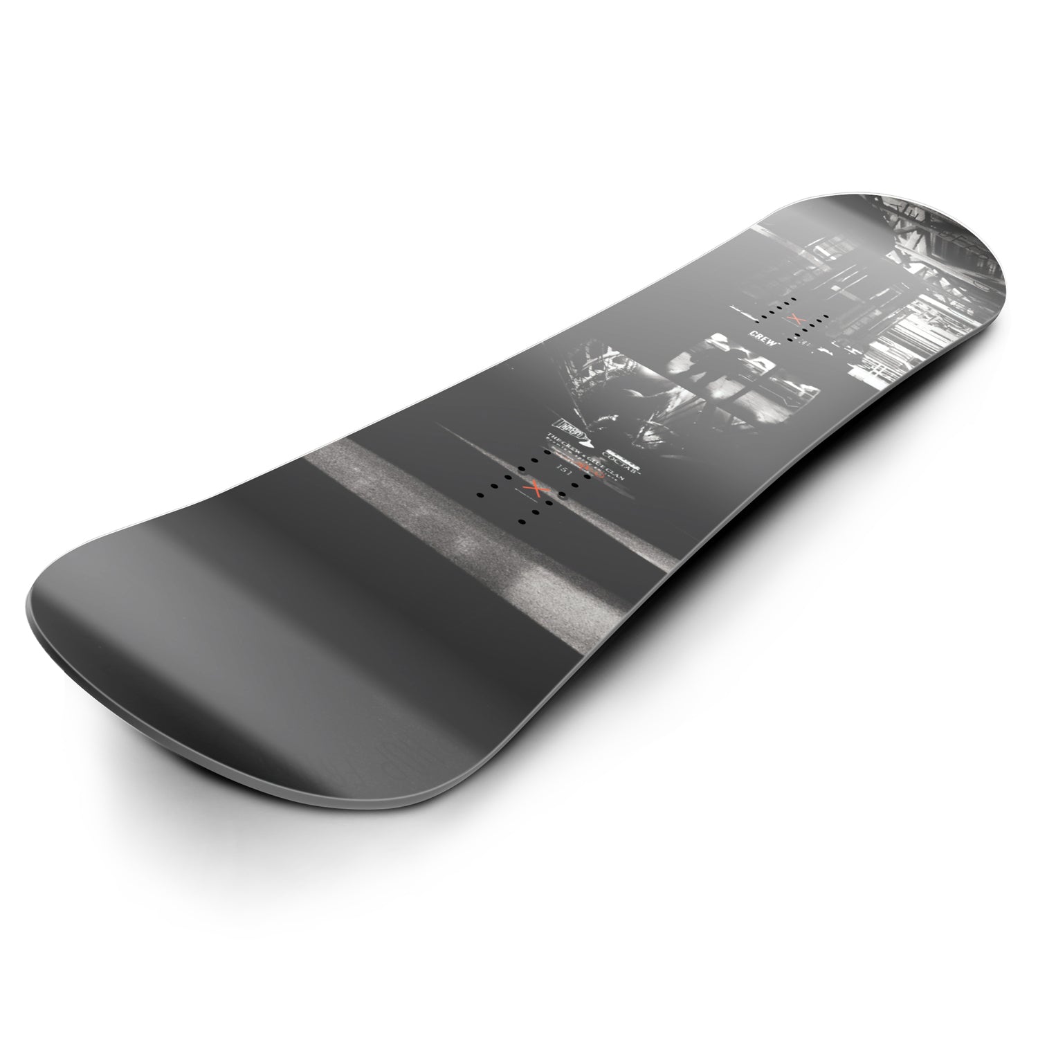 Isometric angle view of the XCMAN Men's Burner All Mountain Snowboard, highlighting its sleek black topsheet and performance profile